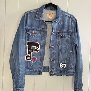 Polo Ralph Lauren Women's M Denim Trucker Jacket Varsity Patch Preppy Collegiate